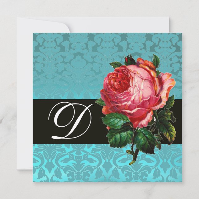 VACKER ROSA ROS  BLÅ SVART DAMAST-MONOGRAM INBJUDNINGAR (Framsida)