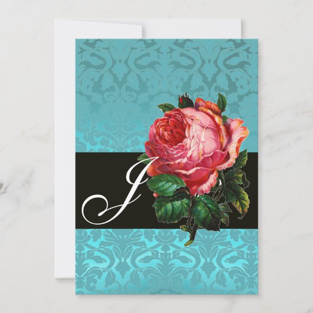 VACKER ROSA ROS  BLÅ SVART DAMAST-MONOGRAM INBJUDNINGAR (Framsida)
