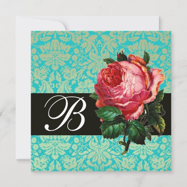 VACKER ROSA ROS  BLÅ SVART DAMAST-MONOGRAM INBJUDNINGAR (Framsida)