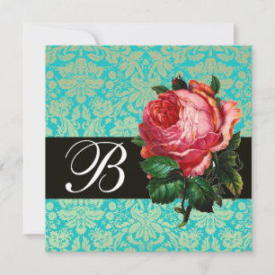 VACKER ROSA ROS  BLÅ SVART DAMAST-MONOGRAM INBJUDNINGAR