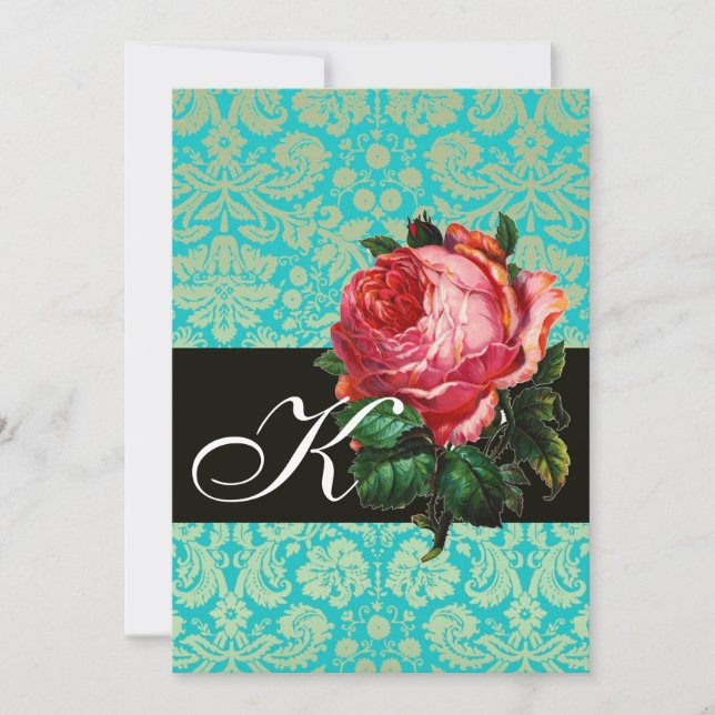 VACKER ROSA ROS  BLÅ SVART DAMAST-MONOGRAM INBJUDNINGAR (Framsida)