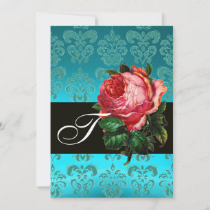 VACKER ROSA ROS BLÅ SVART DAMAST-MONOGRAM INBJUDNINGAR