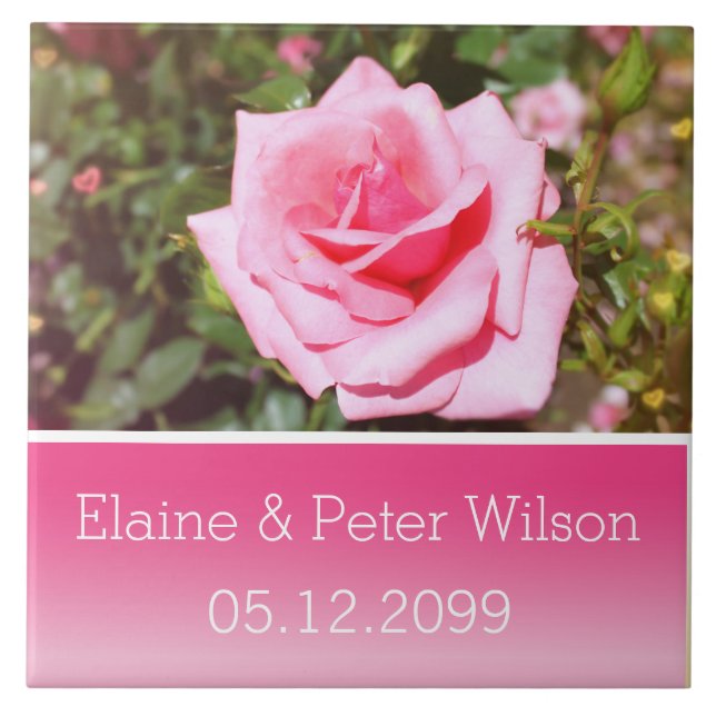 Vacker rosa ros blomma bröllop årsdag kakelplatta (Framsidan)