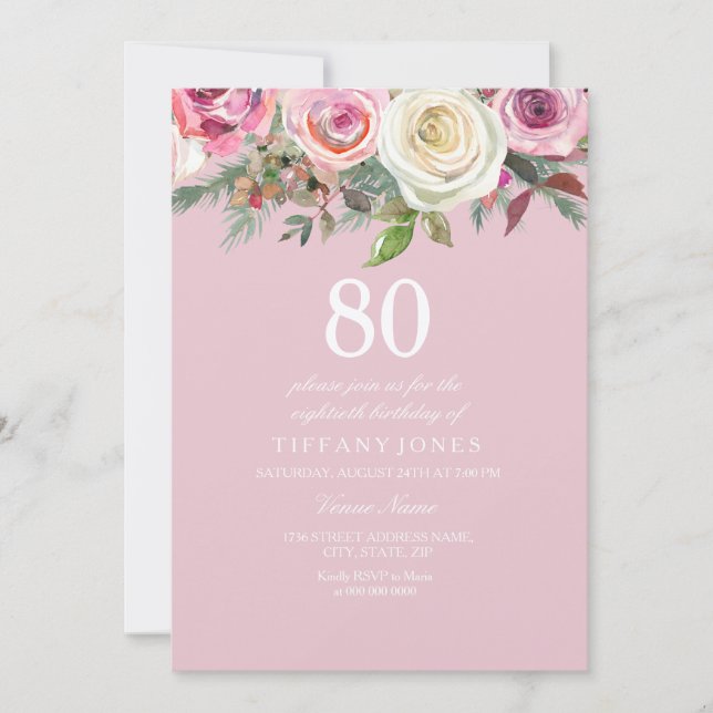 Vacker Rosa Ros Blommig 80-årsdag Filtinbjudan Inbjudningar (Framsida)