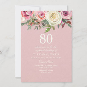 Vacker Rosa Ros Blommig 80-årsdag Filtinbjudan Inbjudningar