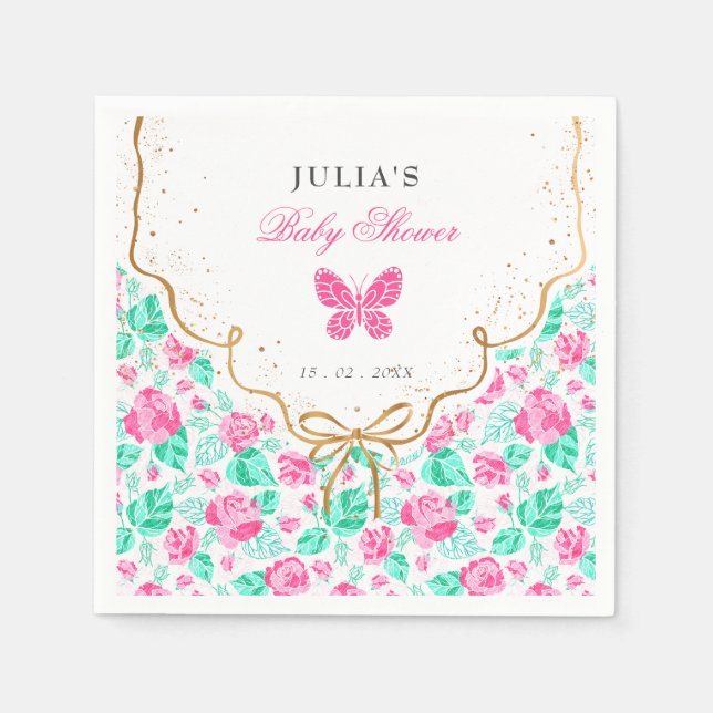 Vacker rosa ros blomsterguldslinga Baby shower Pappersservett (Framsidan)