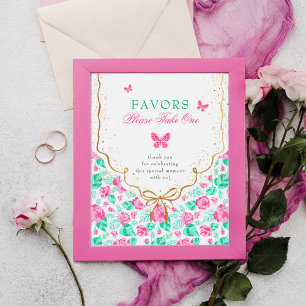 Vacker rosa ros blomsterguldslinga Baby shower Poster
