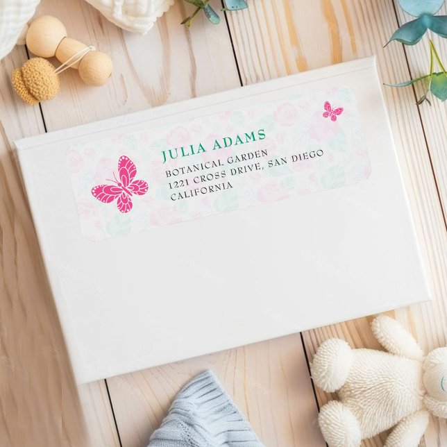Vacker rosa ros blomsterguldslinga Baby shower Returadress Etikett (Skapare uppladdad)