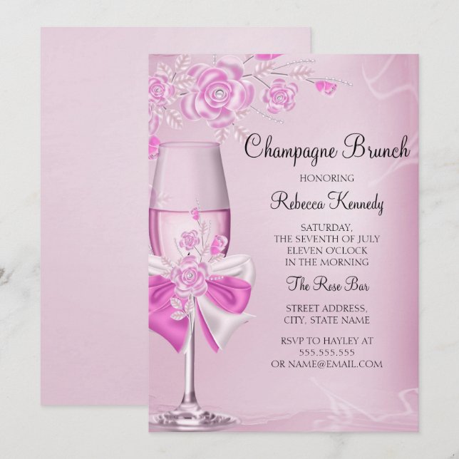 Vacker Rosa Ros Champagne Brunch Inbjudan (Fram/baksida)