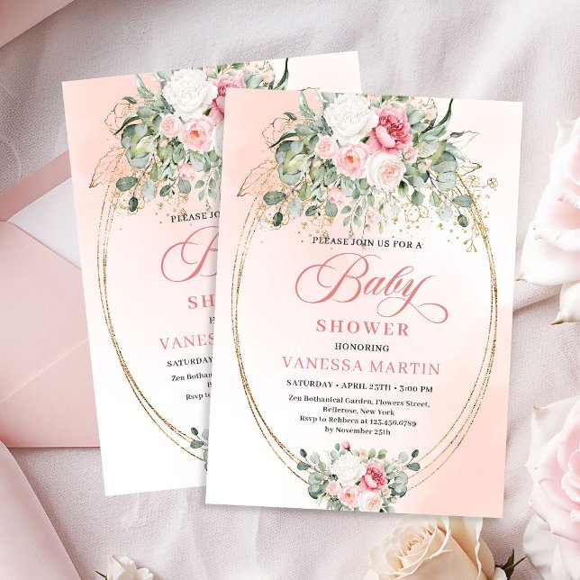 Vacker Rosa Ros Flick Baby Shower Party Inbjudan (Pretty Blush Rose Girl Baby Shower Party Invitation)