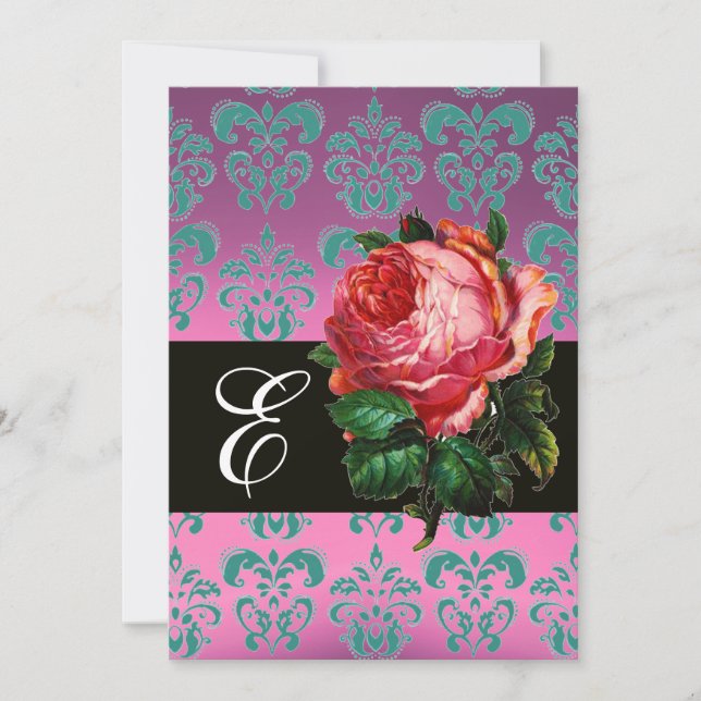 VACKER ROSA ROS  LILAFON BLÅ DAMAST MONOGRAM INBJUDNINGAR (Framsida)