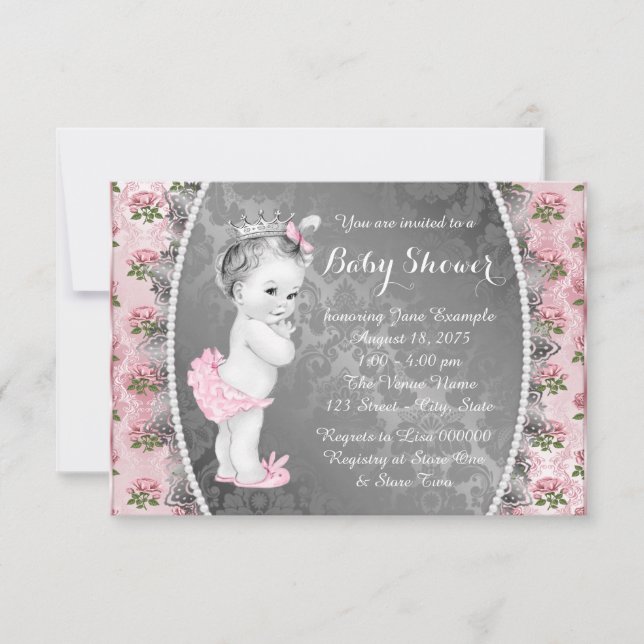Vacker rosa ros - rosa och grå baby shower inbjudningar (Framsida)