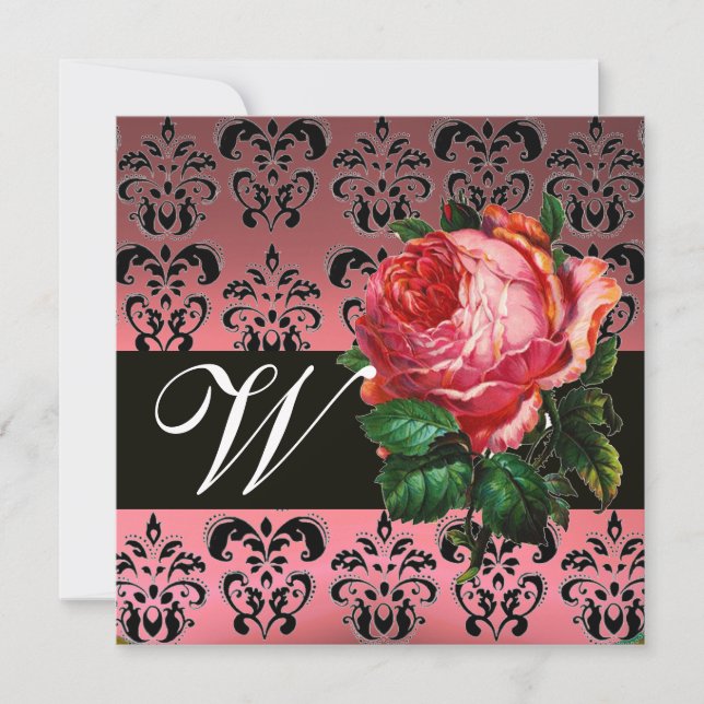 VACKER ROSA ROS  SVART VIT  DAMASK MONOGRAM INBJUDNINGAR (Framsida)