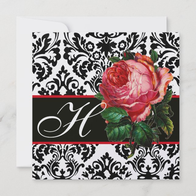 VACKER ROSA ROS  SVART VIT  DAMASK MONOGRAM INBJUDNINGAR (Framsida)