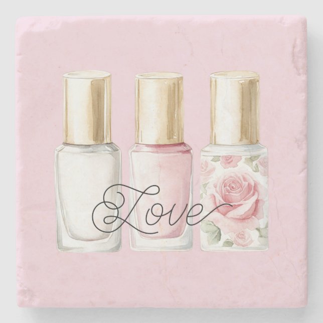 Vacker Rosa Rosa Blommig Nagellack Stenunderlägg (Framsidan)
