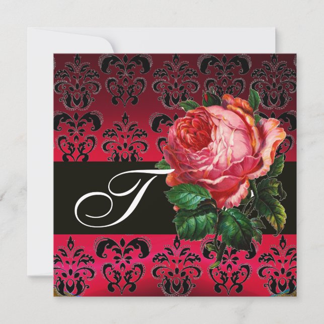 VACKER ROSA ROSAFUCHSIA SVART DAMASK MONOGRAM INBJUDNINGAR (Framsida)