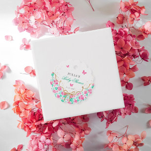 Vacker rosa rosblomma guldbåge baby shower gåvor etiketter