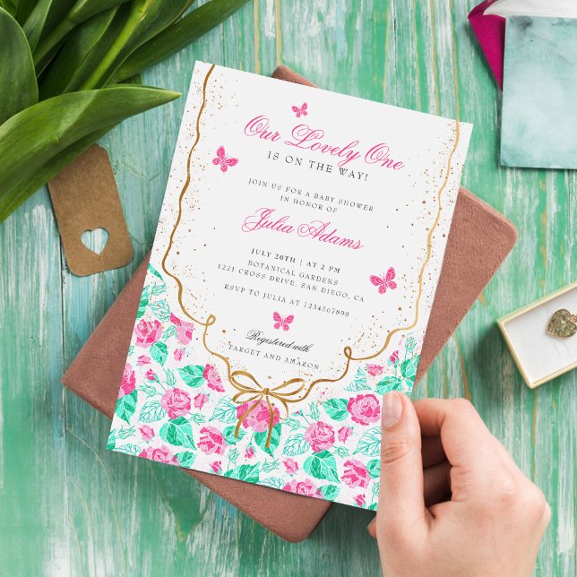 Vacker rosa rosblomma guldbåge baby shower inbjudningar (Skapare uppladdad)