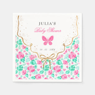 Vacker rosa rosblomma guldbåge baby shower pappersservett