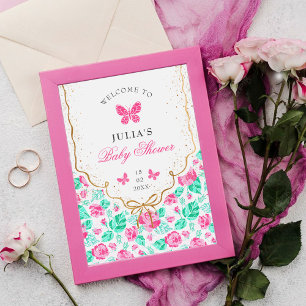 Vacker rosa rosblomma guldbåge baby shower poster