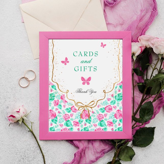 Vacker rosa rosblomma guldbåge baby shower poster (Skapare uppladdad)