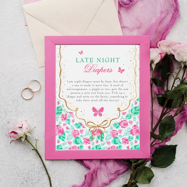 Vacker rosa rosblomma guldbåge baby shower poster (Skapare uppladdad)