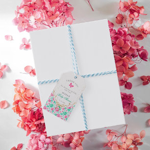 Vacker rosa rosblomma guldbåge baby shower presentetikett