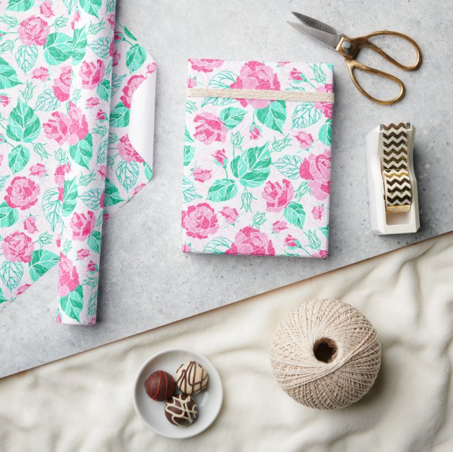 Vacker rosa rosblomma guldbåge baby shower presentpapper (Hantverk)