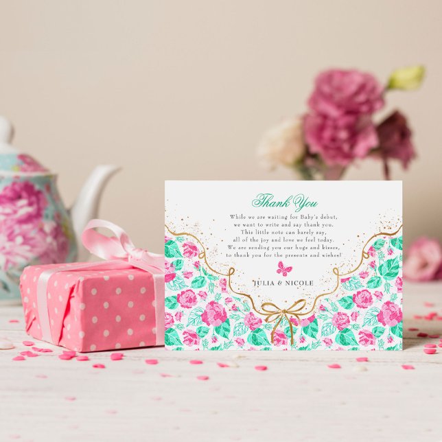 Vacker rosa rosblomma guldbåge baby shower tack kort (Skapare uppladdad)