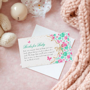 Vacker rosa rosblomma guldbåge baby shower tilläggskort