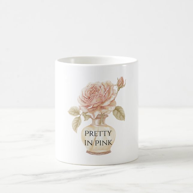 Vacker rosa rosblomma i vas kaffemugg (Center)