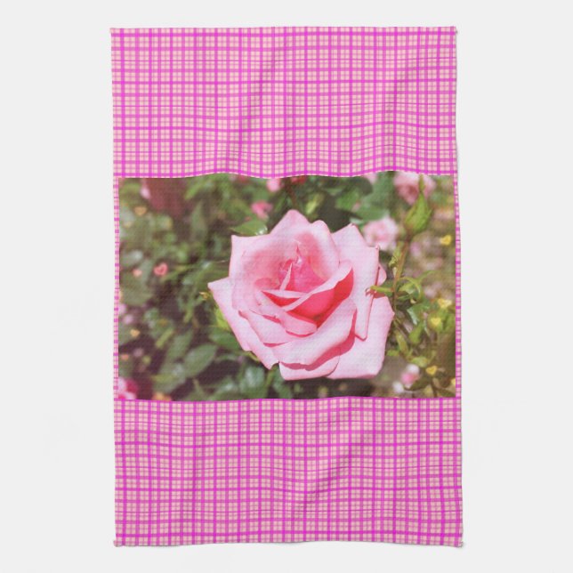 vacker rosa rosblomma med söta hjärtan kökshandduk (Vertikal)