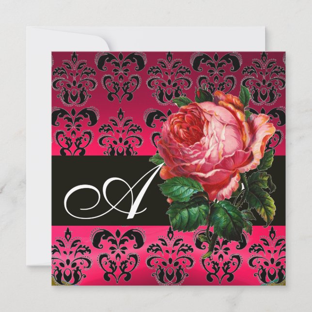 VACKER ROSA ROSEN FUCHSIA SVART DAMASK MONOGRAM INBJUDNINGAR (Framsida)