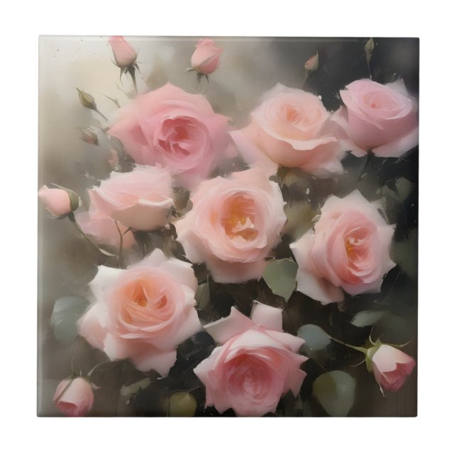 Vacker rosa rosor akvarellmålning kakelplatta (Framsidan)