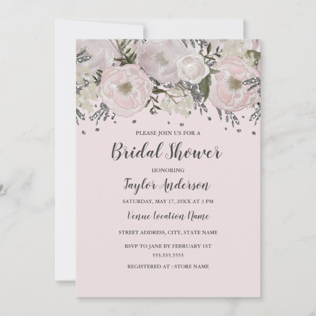 Vacker rosa silver blommig Bridal Shower Inbjudningar (Framsida)
