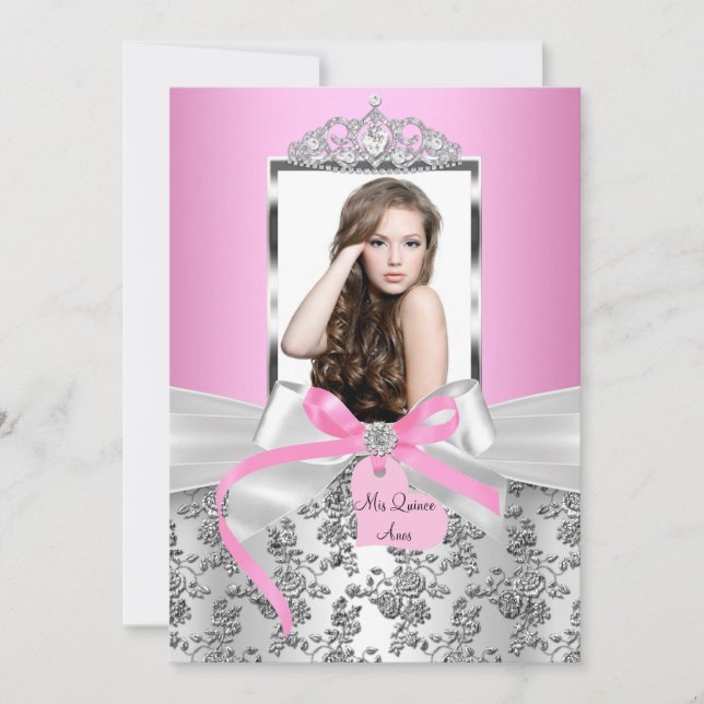 Vacker Rosa Silverbåge & Ros Foto Quinceanera Inbjudningar (Framsida)