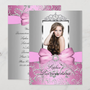 Vacker Rosa Silverbåge & Tiara Quinceanera Inbjudningar