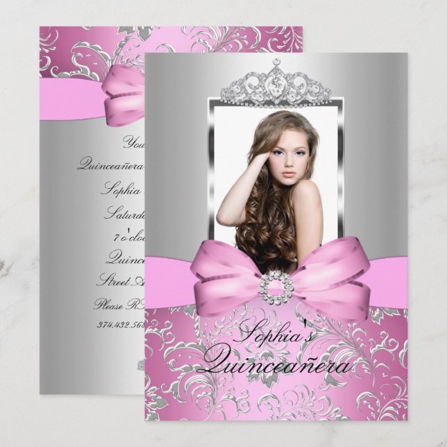 Vacker Rosa Silverbåge & Tiara Quinceanera Inbjudningar (Fram/baksida)