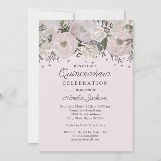 Vacker rosa silverblommig Quinceanera Inbjudningar (Framsida)