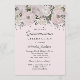Vacker rosa silverblommig Quinceanera Inbjudningar