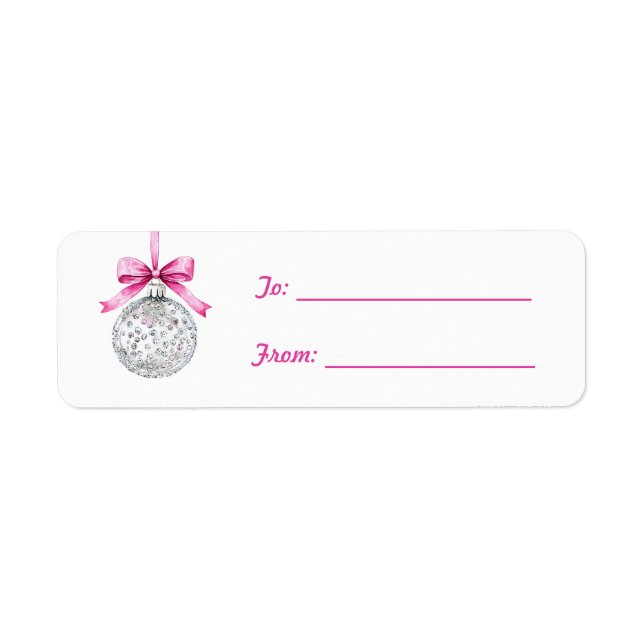 Vacker Rosa Slinga Silver Prydnad Jul Returadress Etikett (Framsidan)