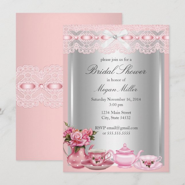 Vacker rosa spets High Tea Bröllopsdusch Inbjudningar (Fram/baksida)