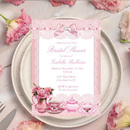Vacker rosa spetsbåge High Tea Bröllopsdusch Inbjudningar