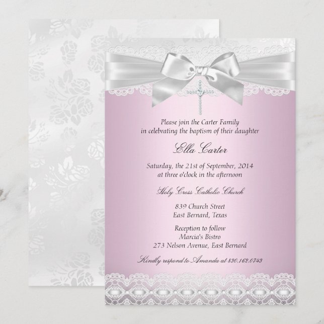 Vacker rosa spetskors dopinbjudan inbjudningar (Fram/baksida)