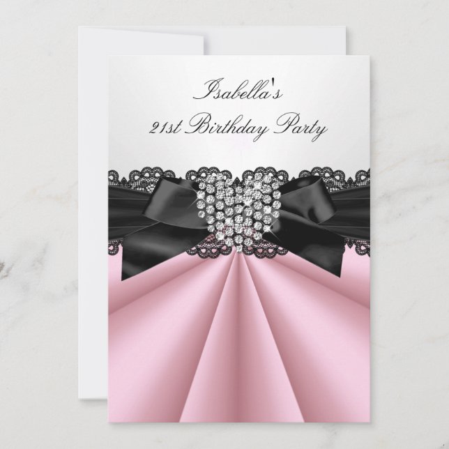 Vacker Rosa Svart Vit Diamant Födelsedagsfest Inbjudningar (Framsida)