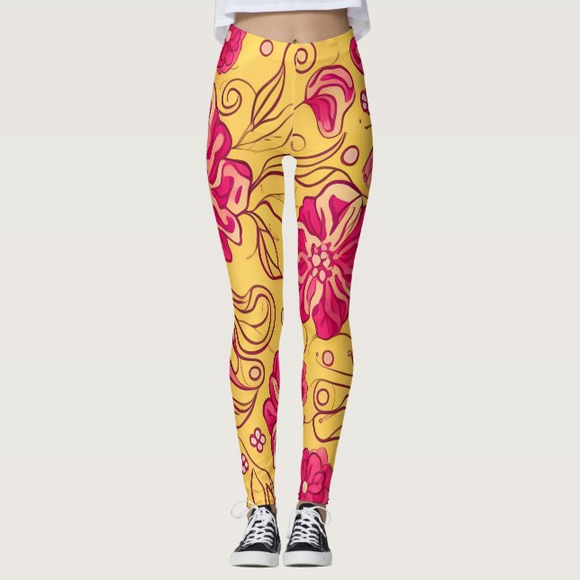 Vacker Rosa Swirly Flowers Mönster Leggings (Framsida)