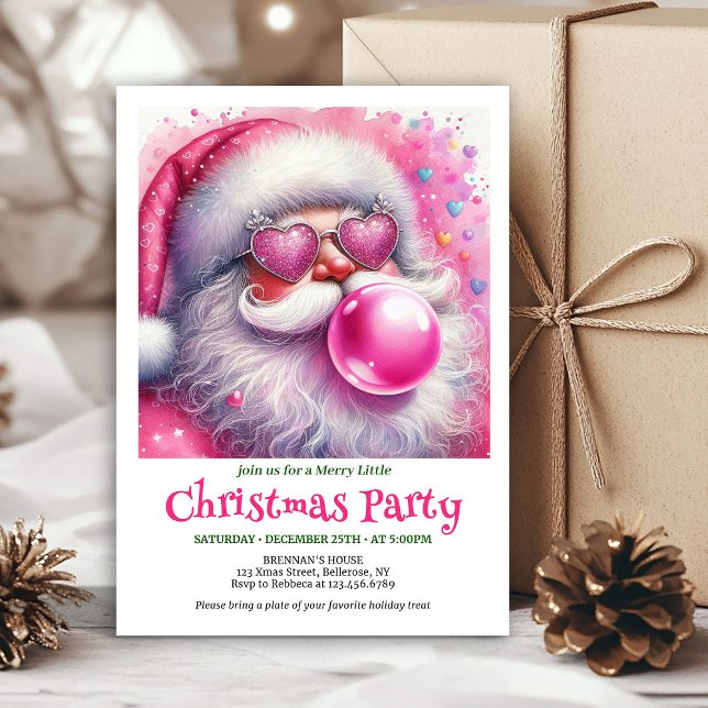 Vacker rosa tomte tuggummi vattenfärg inbjudan  (Lovely pink santa chewing gum watercolor invite card)