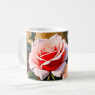 Vacker rosa vit röd ros oljemålning kaffemugg