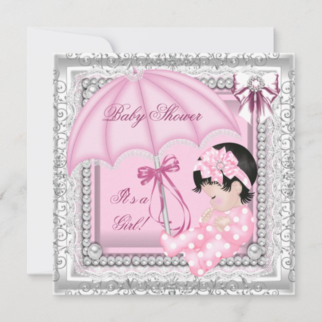 Vacker Rosa Vit Söt Flick Baby Shower Spets Inbjudningar (Framsida)