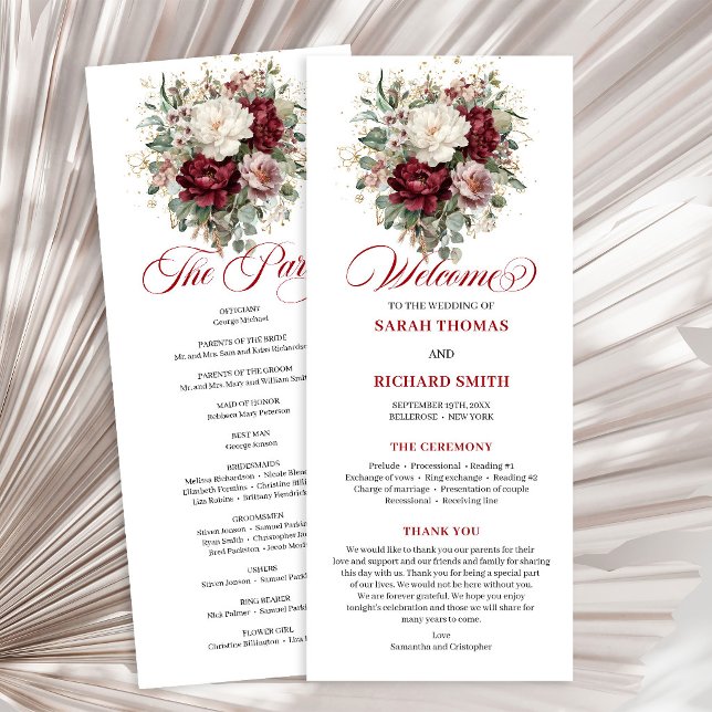 Vacker rosafärgad burgunderfärgad bröllopsprogram  program (Beautiful Blush Burgundy Wedding Program Card)